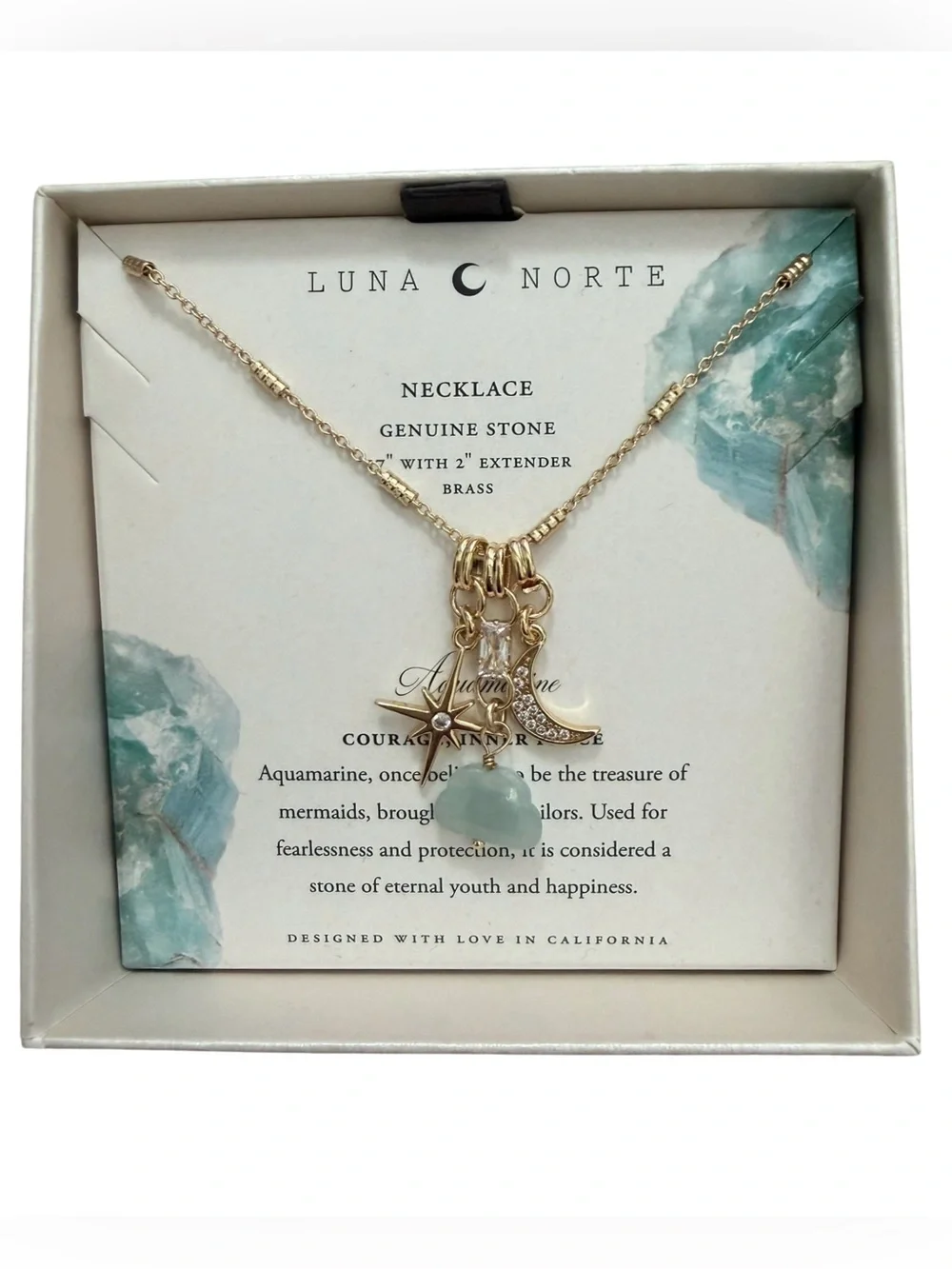 Luna Norte Courage Gold Necklace with Aquamarine Charm and Moon Star Accents